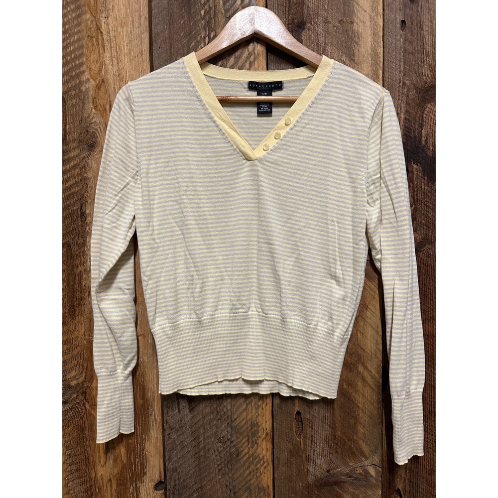 Apostrophe‎ Striped V-Neck Sweater XL Soft Knit Yellow Cottagecore Minimalist